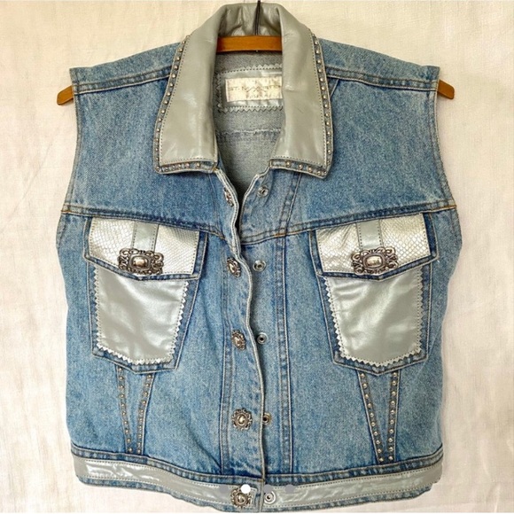 Vintage Biker Rockabilly Denim Pleather Vest. - Picture 6 of 12